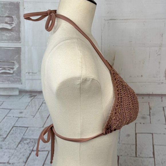 Xhilaration Juniors Beige Brown Bikini Crochet Swim Triangle Top Large 8 10 NEW - Picture 5 of 11